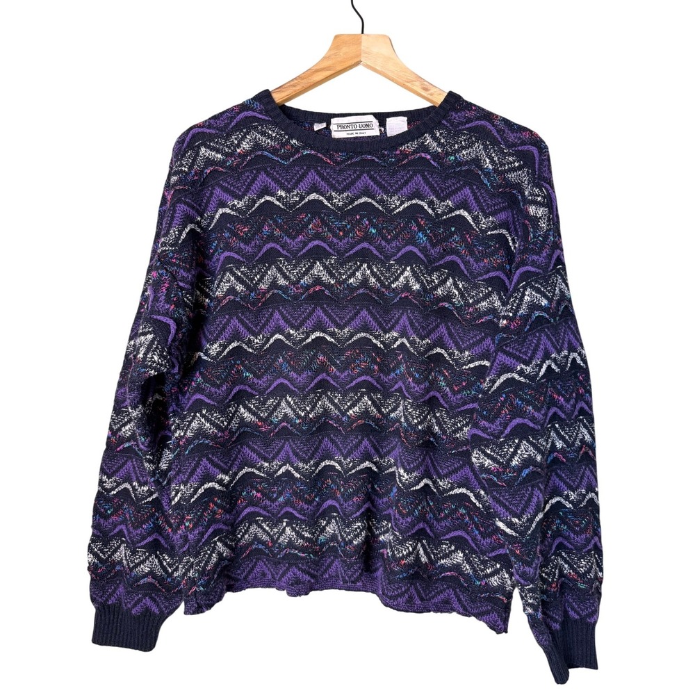 Pronto Uomo Vintage 3D Zigzag Knit Sweater Purple Black‎ Made in Italy Size M